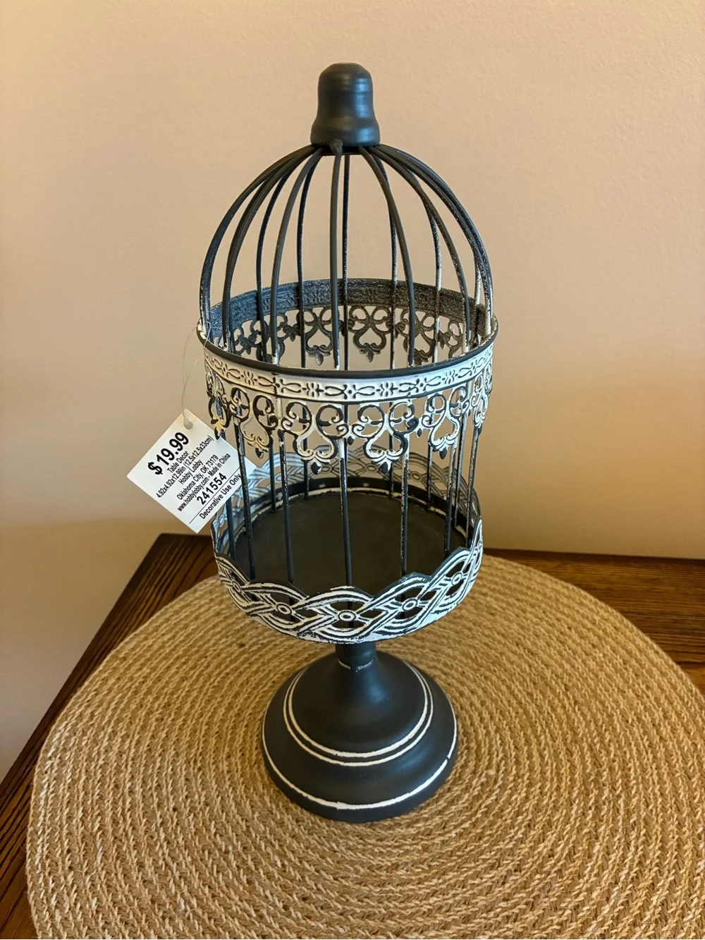 Hobby Lobby Decor Set of 2 Charcoal Gray/White Birdcage & Dark Brown Tray/Basket